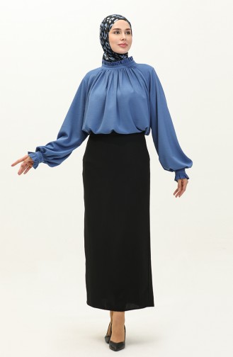 Oyya Rüschendetaillierte Geraffte Bluse 238482-04 Indigo 238482-04