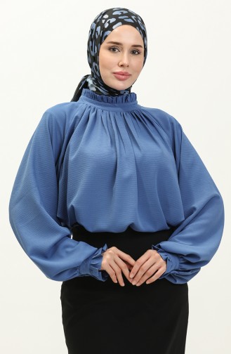 Oyya Rüschendetaillierte Geraffte Bluse 238482-04 Indigo 238482-04