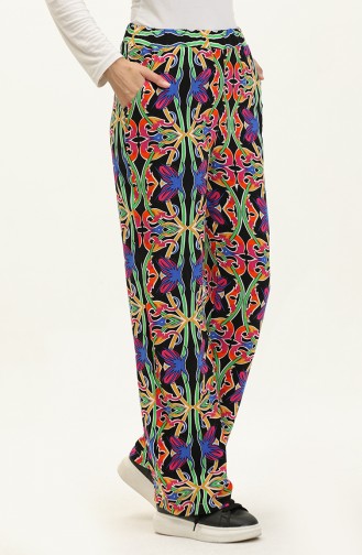 Patterned Viscose Trousers 0143-05 Black Fuchsia 0143-05