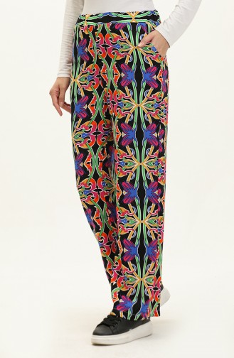 Patterned Viscose Trousers 0143-05 Black Fuchsia 0143-05