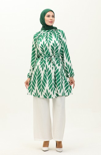Leaf Patterned Tunic Two Piece Suit 0230-03 Green white 0230-03