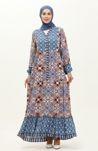 Floral Patterned Viscose Dress 0148-01 İndigo Brown 0148-01