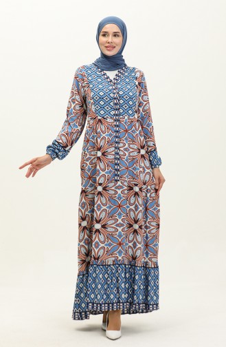 Floral Patterned Viscose Dress 0148-01 İndigo Brown 0148-01