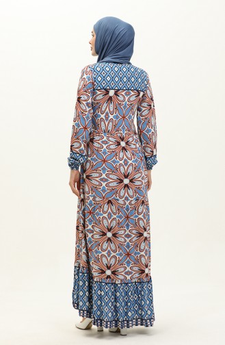 Floral Patterned Viscose Dress 0148-01 İndigo Brown 0148-01