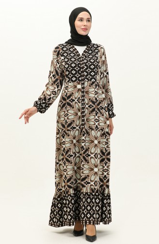 Flower Patterned Viscose Dress 0148-02 Black Brown 0148-02