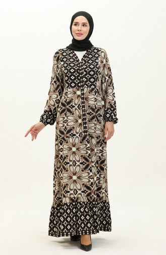 Flower Patterned Viscose Dress 0148-02 Black Brown 0148-02