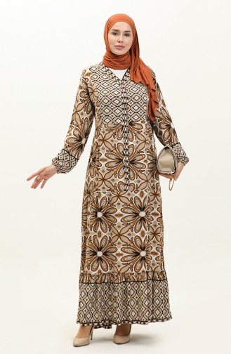 Flower Patterned Viscose Dress 0148-04 Mink Brown 0148-04