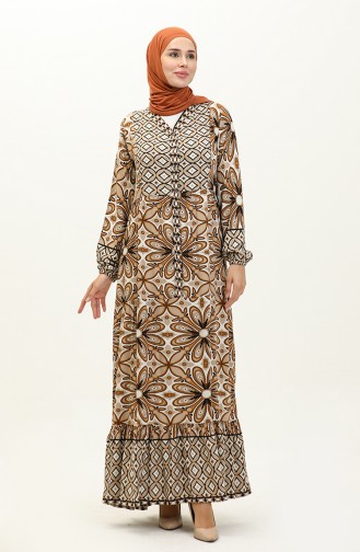 Flower Patterned Viscose Dress 0148-04 Mink Brown 0148-04