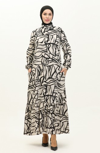 Patterned Shirred Viscose Dress 0236-02 Black 0236-02