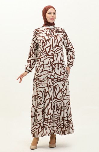 فستان فيسكوز مُطبع مع تنورة مُجمعة 0236-03 لون بني 0236-03