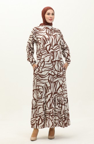 فستان فيسكوز مُطبع مع تنورة مُجمعة 0236-03 لون بني 0236-03