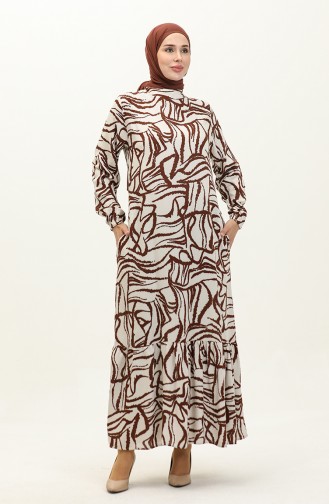 Patterned Viscose Dress With Gathered Skirt 0236-03 Brown 0236-03