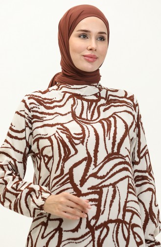 Patterned Viscose Dress With Gathered Skirt 0236-03 Brown 0236-03
