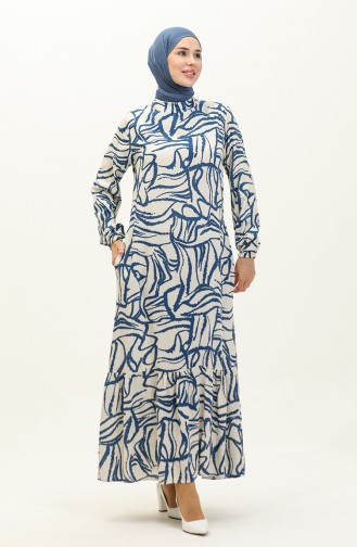 Patterned Viscose Dress With Gathered Skirt 0236-04 Navy Blue 0236-04