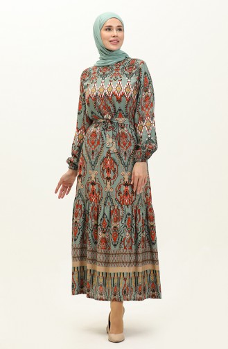 Color Patterned Viscose Dress 0237-03 Green 0237-03