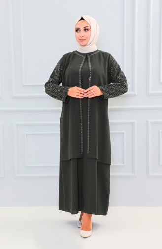 Plus Size Stone Printed Abaya 6100-01 Khaki 6100-01