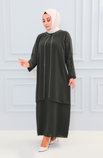 Abaya Pierre Imprimée Grande Taille 6100-01 Khaki 6100-01