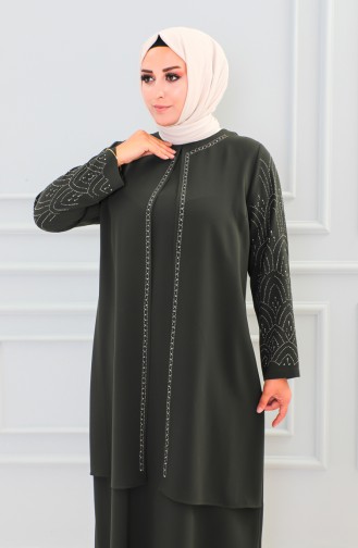 Abaya Pierre Imprimée Grande Taille 6100-01 Khaki 6100-01