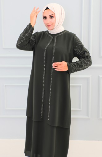 Abaya Pierre Imprimée Grande Taille 6100-01 Khaki 6100-01