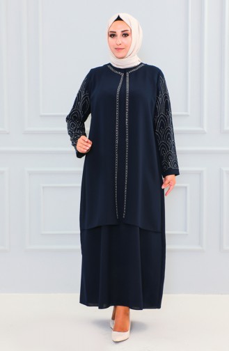 Abaya Imprimé Pierre Grande Taille 6100-03 Bleu Marine 6100-03