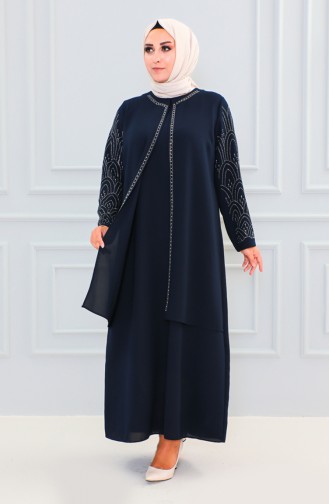 Groot Formaat Abaya Met Steenprint 6100-03 Marineblauw 6100-03