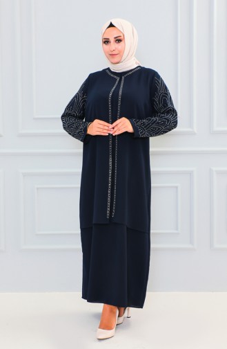 Plus Size Stone Printed Abaya 6100-03 Dark Blue 6100-03