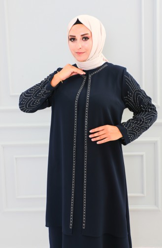 Abaya Imprimé Pierre Grande Taille 6100-03 Bleu Marine 6100-03