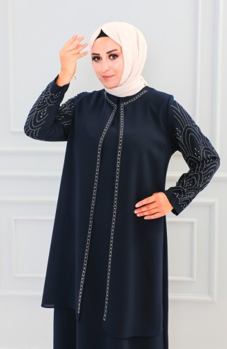 Abaya Imprimé Pierre Grande Taille 6100-03 Bleu Marine 6100-03