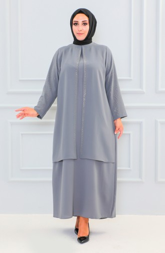 Abaya Imprimé Pierre Grande Taille 6100-04 Gris 6100-04