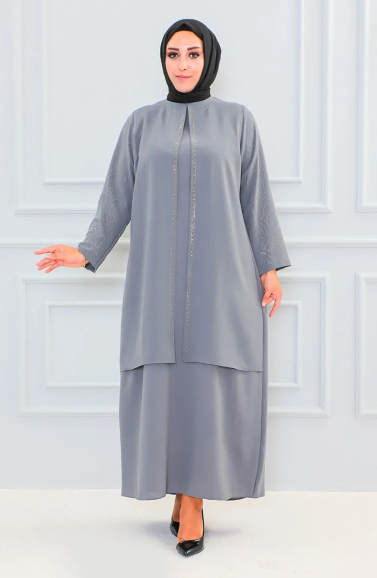 Übergröße Stein bedruckte Abaya 6100-04 Grau 6100-04