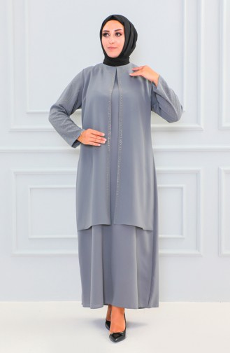 Abaya Imprimé Pierre Grande Taille 6100-04 Gris 6100-04