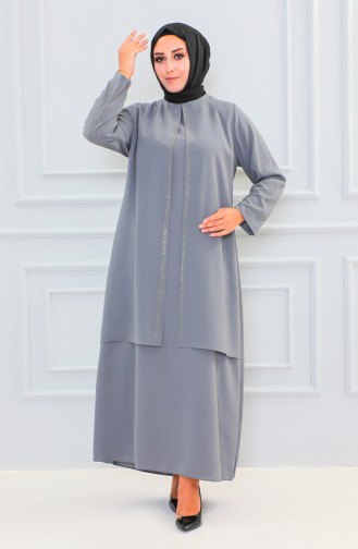 Plus Size Stone Printed Abaya 6100-04 Gray 6100-04