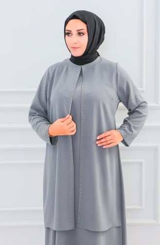 Plus Size Stone Printed Abaya 6100-04 Gray 6100-04