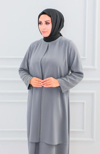 Plus Size Stone Printed Abaya 6100-04 Gray 6100-04