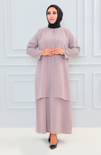 Plus Size Stone Printed Abaya 6100-05 Beige 6100-05