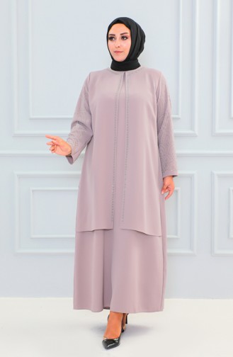 Abaya Imprimé Pierre Grande Taille 6100-05 Beige 6100-05