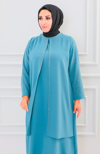 Plus Size Stone Printed Abaya 6100-06 Green 6100-06