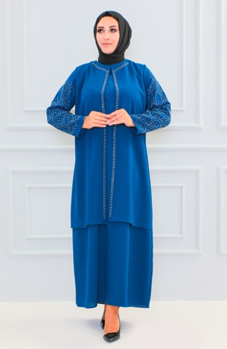 Plus Size Stone Printed Abaya 6100-07 İndigo 6100-07