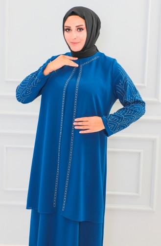 Plus Size Stone Printed Abaya 6100-07 İndigo 6100-07