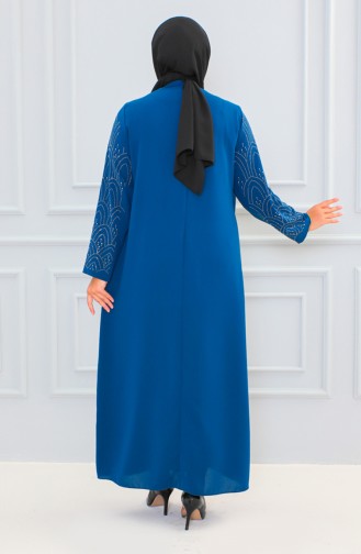 Plus Size Stone Printed Abaya 6100-07 İndigo 6100-07