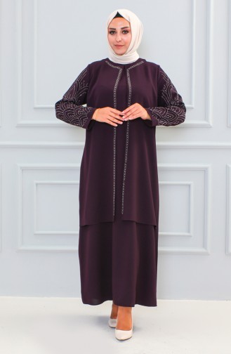 Abaya Pierre Imprimée Grande Taille 6100-08 Prune 6100-08