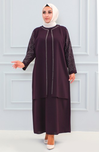 Plus Size Stone Printed Abaya 6100-08 Plum 6100-08