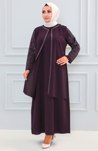 Plus Size Stone Printed Abaya 6100-08 Plum 6100-08