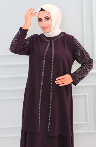 Plus Size Stone Printed Abaya 6100-08 Plum 6100-08