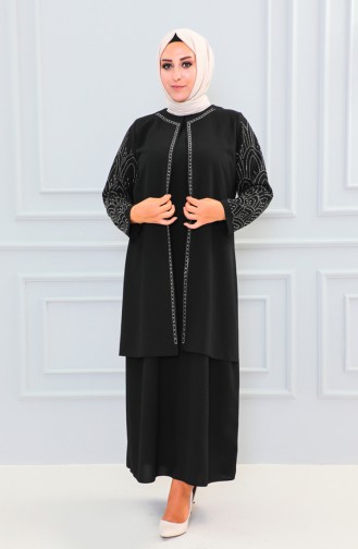 Groot Formaat Abaya Met Steenprint 6100-09 Zwart 6100-09