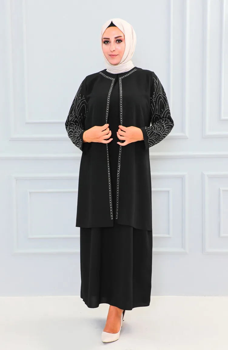 Abaya Imprimé Pierre Grande Taille 6100-09 Noir 6100-09