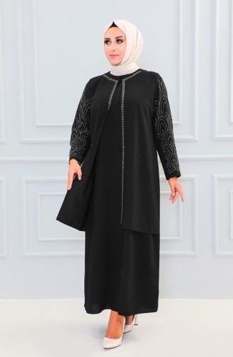 Plus Size Stone Printed Abaya 6100-09 Black 6100-09