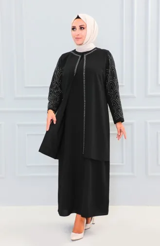 Abaya Imprimé Pierre Grande Taille 6100-09 Noir 6100-09