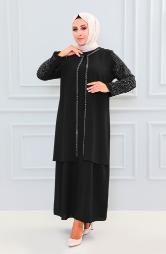 Groot Formaat Abaya Met Steenprint 6100-09 Zwart 6100-09