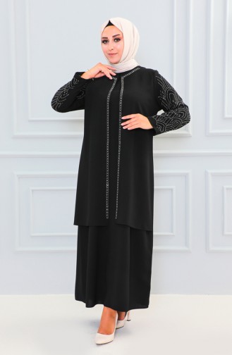 Plus Size Stone Printed Abaya 6100-09 Black 6100-09